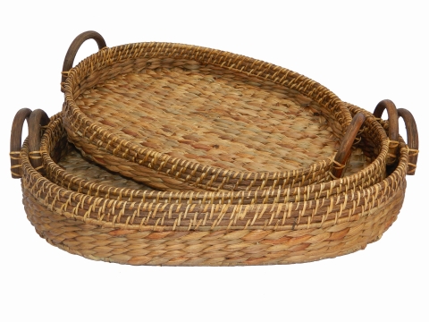 3pc oval water hyacinth tray with rattan handles
